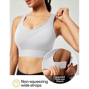 Ewedoos Sports Bra Womens Large Light Grey High Impact Racerback Support Workout